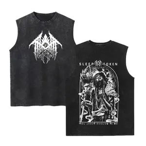 Sleep Token Unisex Cotton Vintage Washed Vest Sleep Symbol Retro Print Casual Regular Fit for Daily Wear Retro Band Style for Couples Perfect Boyfriend Gift