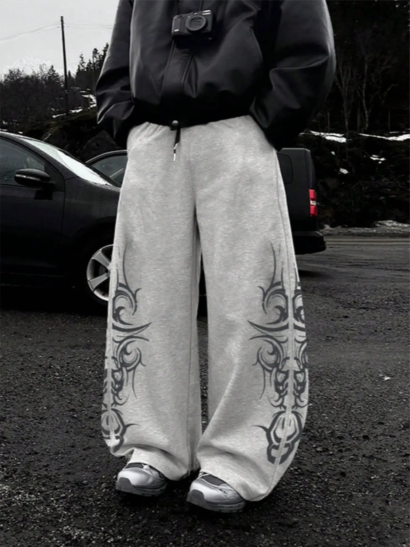 Fall outfits,Men's Fall Wide Leg Knit Pants with Totem Pattern Decorations, Street Style Trendy Casual Wear for Halloween Daily Activities