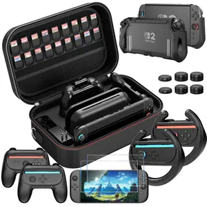 Switch 2 Essential Accessories Kit: Dockable Case, Tempered Glass Screen Protector & Racing Wheel Joycon Grips