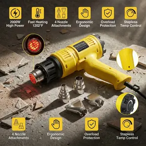 2000W Heat Gun Electric Hot Air Gun Stepless Temperature Fast Heating with 4 Nozzles Overload Protection for DIY Craft Shrink Wrap Paint Removal