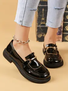 Women's Soft Sole Round Toe Slip-On Shoes, Vintage Japanese Lacquer Leather Loafers, Spring & Fall Fashion Footwear