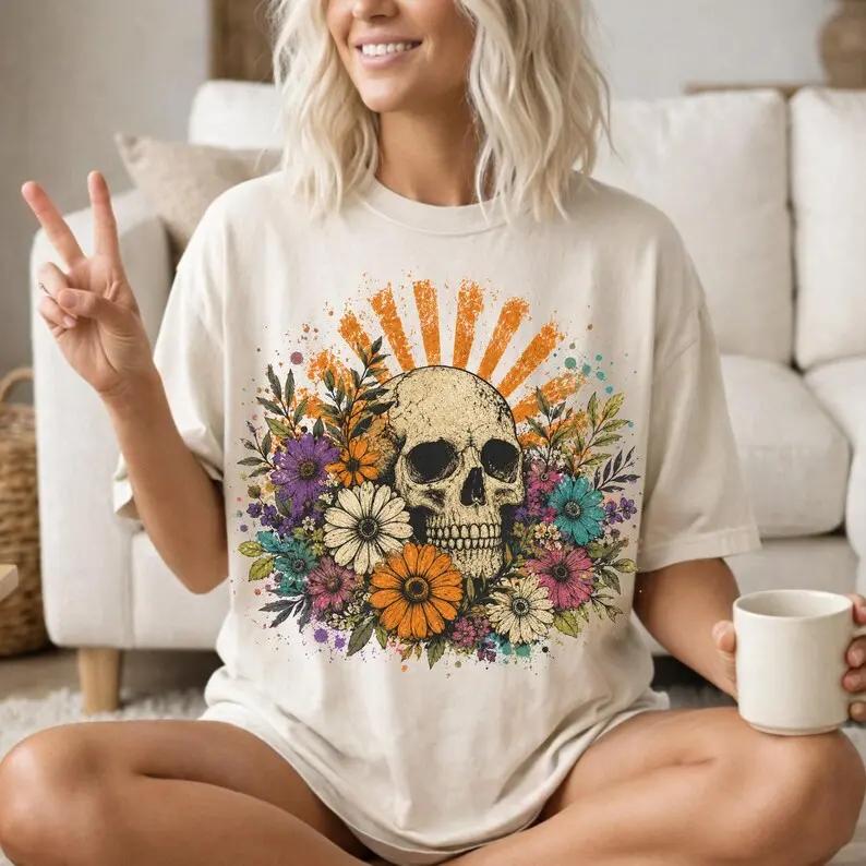 [Sale Up To 50%] Comfort Colors Floral Skull Shirt, Boho Gothic Graphic Tee, Wildflower Skeleton Shirt for Women, Cottagecore Goth Giftn – Rock Rolla