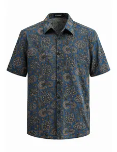 TIXMIE Men Paisley Floral Hawaiian Shirt, Cotton Blend Short Sleeve Button Down Regular Fit Casual Summer Beach Vacation Top