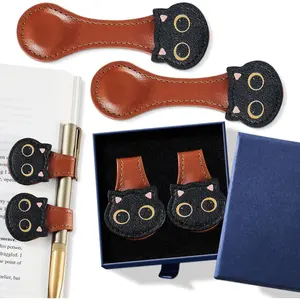 2Pcs Magnetic Leather Bookmarks with Gift Box Magnetic Pen Holder Clip Gift for Book Lovers Readers Men Women Teachers Students, Cat (Brown+Brown)
