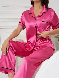 Women's Plain Faux Silk Short Sleeve Pajama Set, Fitted Casual Sleepwear, Loungewear, Long Pants, Comfortable Nightwear for Women