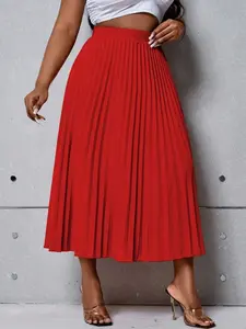 [Plus Size]Solid Color Pleated Skater Skirt, Casual Fashion Skirt for Daily Outdoor Wear, Women Plus Clothing for All Seasons