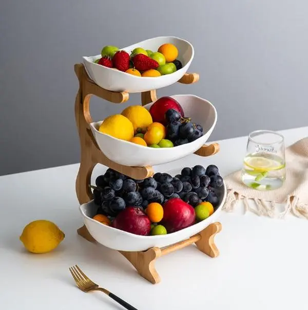 CNCEST 3-Tier High-Temp Fired Ceramic Fruit Bowl with Multifunctional Bamboo Rack, Eco-Friendly Decorative Home Organizer, Space-Saving Kitchen Decor with Maintenance Rod for Home, Wedding