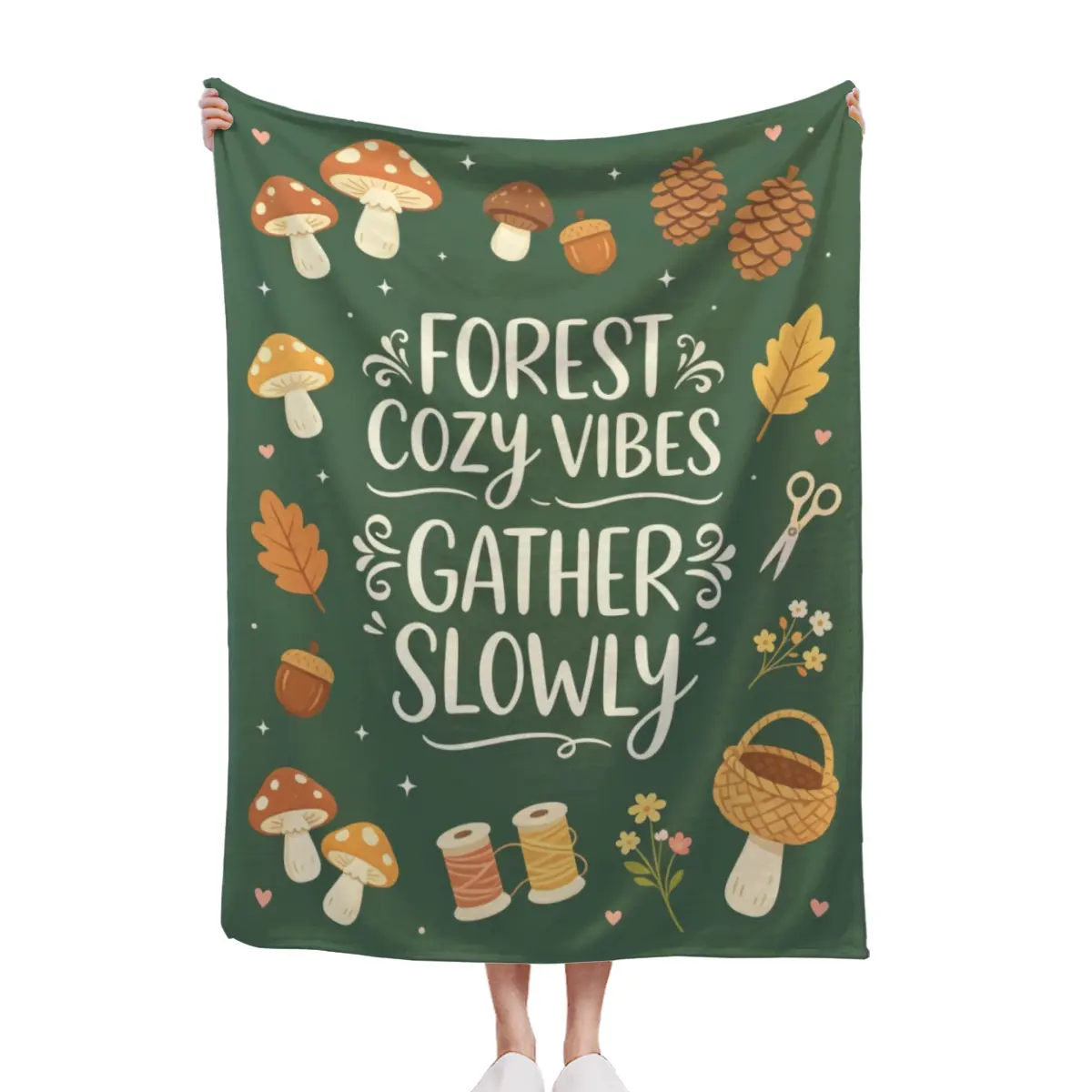 Forest Vibes Gather Slowly Wild Mushroom Quote Throw Blanket Cottagecore Nature Lover Fall Decor Cozy Blanket