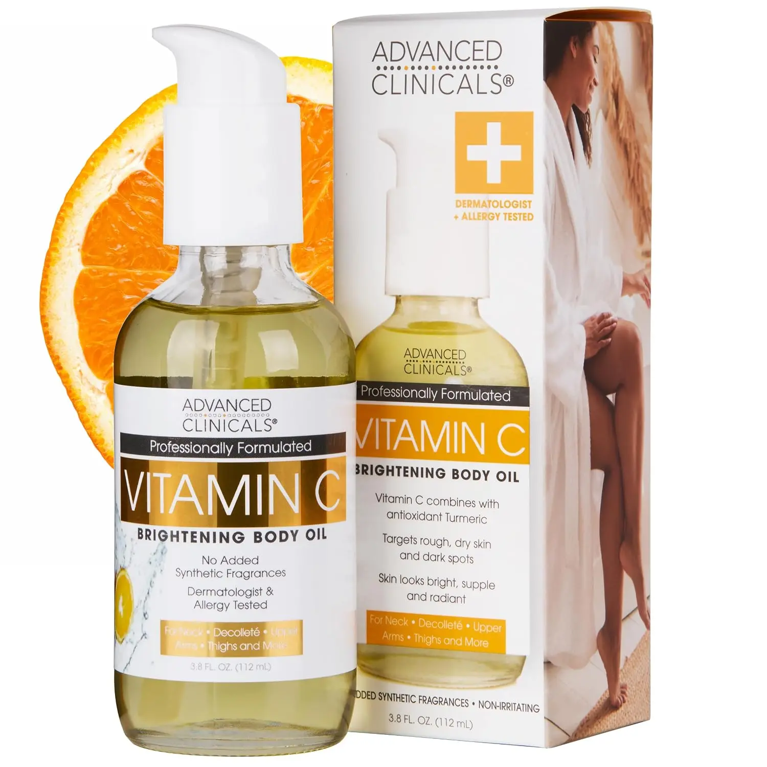 Advanced Clinicals Brightening Vitamin C Body Oil For Women & Men | Vitamin C Glow Oil Skin Care Body Moisturizer With Vitamin E + Botanicals, 3.8 Fl Oz