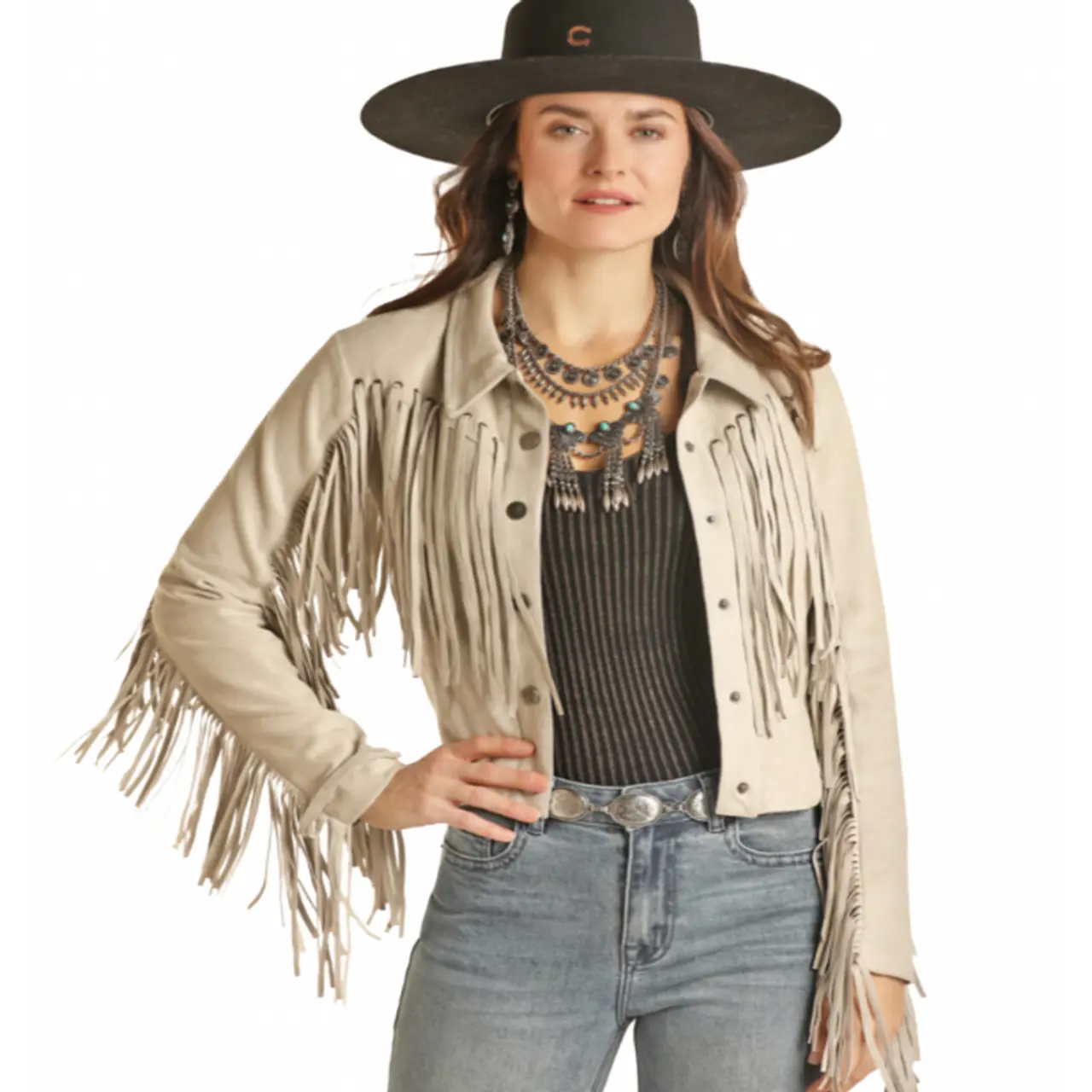 Powder River Outfitters Ladies Micro Suede Fringe Natural Jacket DW92C02000