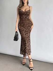 Women's Leopard Print Cowl Neck Maxi Dress Backless Lace Up Long Dress Christmas Dating Dresses