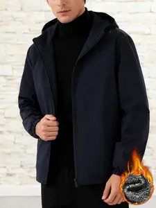 Men's autumn and winter casual jacket, zipper closure hooded design, men's warm windproof jacket with fleece, polyester fiber, easy to maintain fabric, suitable for daily outings, leisure, work travel, and formal occasions