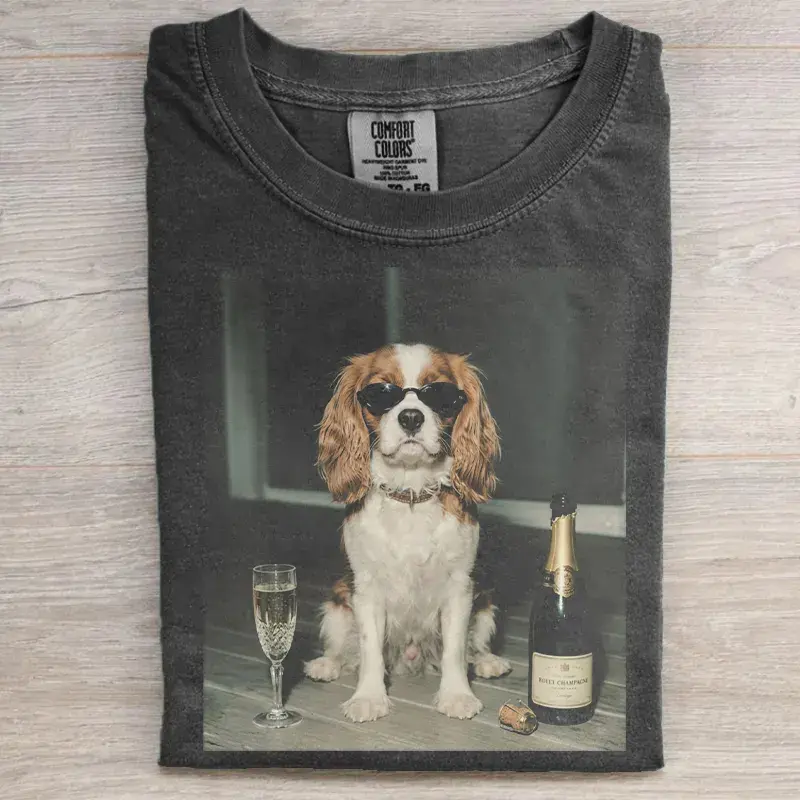 Funny Cavalier King Charles Drinking Champagne T-shirt, Vintage 90s Dog Meme Graphic Tee, Animal Lover Shirt, Unisex Casual Streetwear, Gift for Men and Women