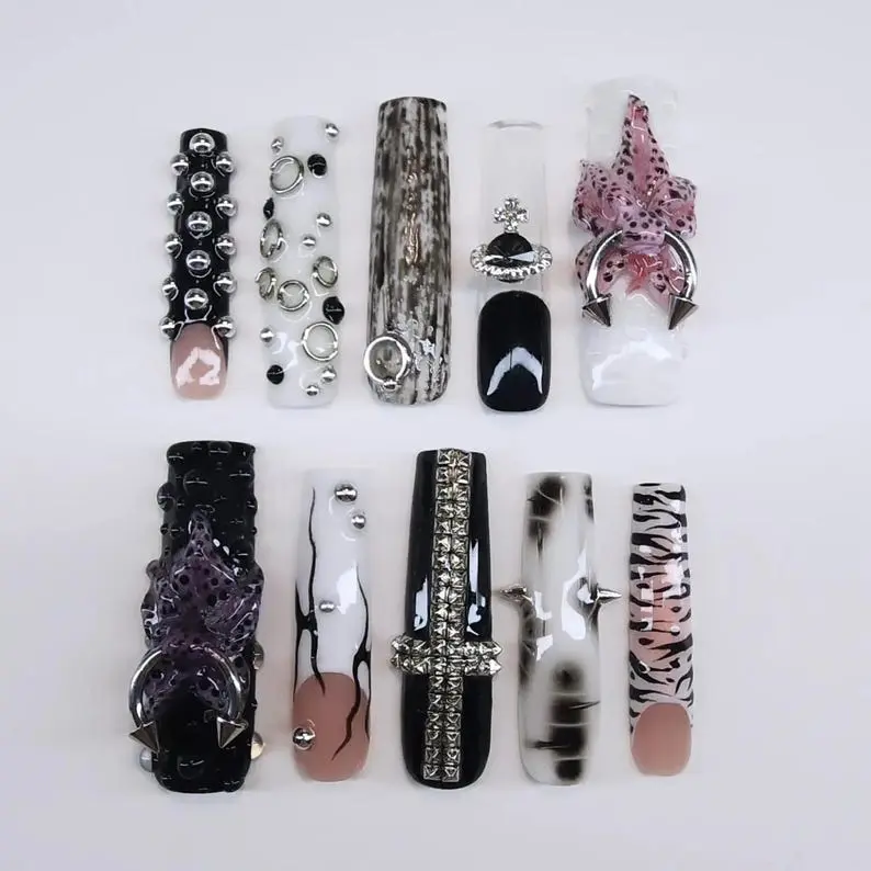 Y2K Punk Press On Nails 3D Gothic Zebra French Tip Grunge Charms