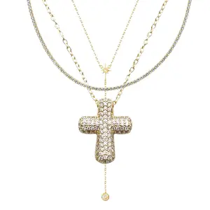 EVRY JEWELS Gold or Silver Plated Women's Icy Cross 3-Piece Necklace Bundle