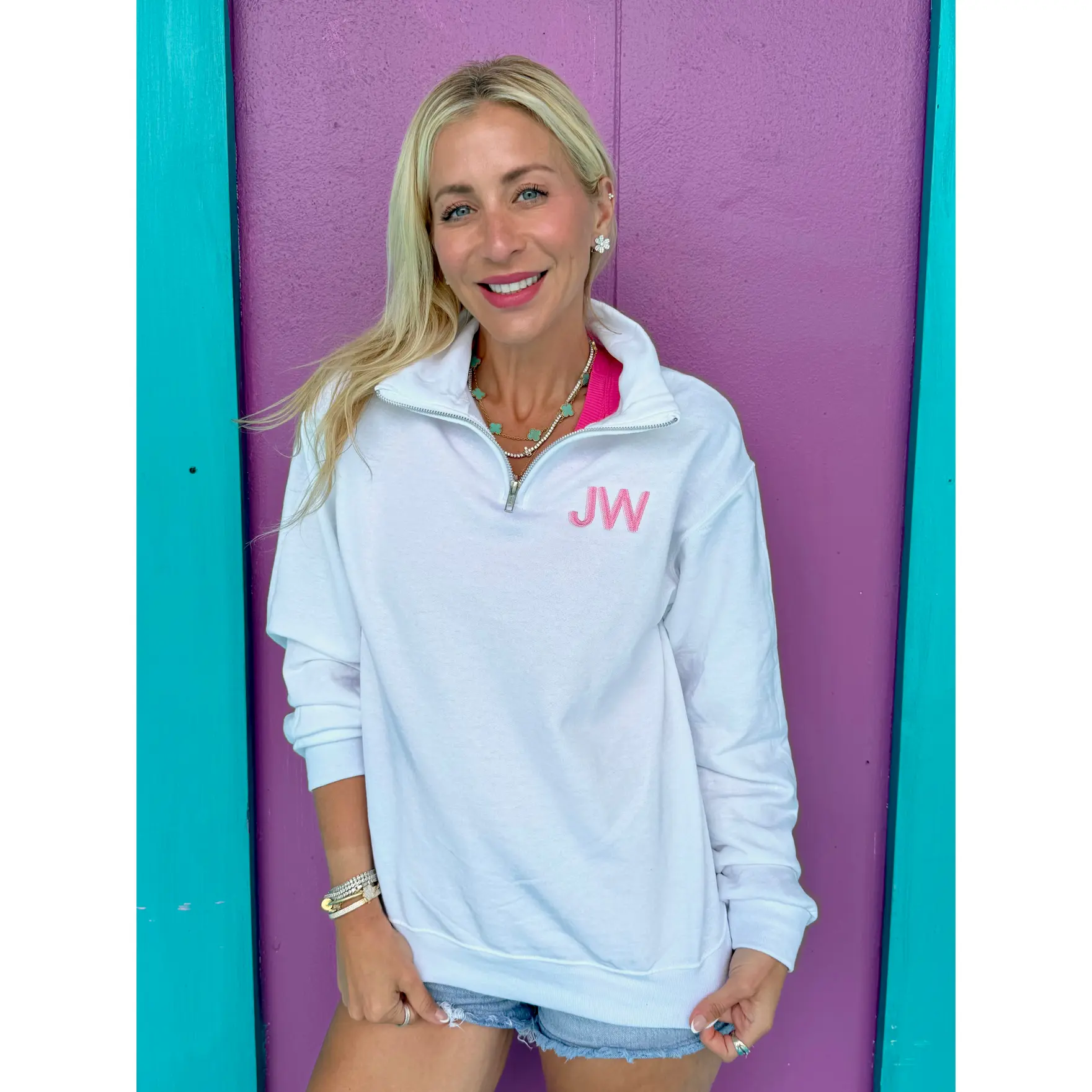 White Initial Embroidered Quarter Zip Pullover