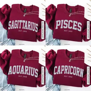 (Leave A Note or DM to Shop) (Ver 3) Custom Zodiac Sweatshirt – Maroon Color, Custom Year-Est Your Year Astrology Pullover, Cute Horoscope Energy Gift, Unisex Crewneck Sweatshirt, Birthday Zodiac Sign Outfit