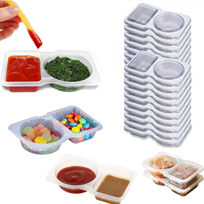 20Sets Snack Containers, Reusable Double 2 Compartment Condiment with lids for Sauces Dipping,Disposable and Ideal On the Go Or Grab to Pack