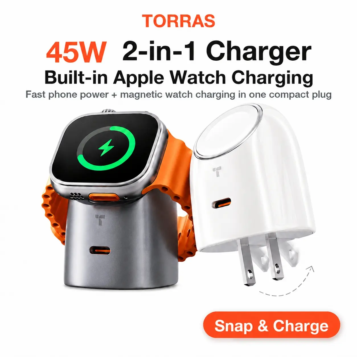 TORRAS Flasheye 45W 2-in-1 Magnetic Snap-On Charger for Apple Watch Ultra, iPhone 17 16 15 14 13 Pro Max, Compact Electronic Accessories for Smartphone, Cellphone, Wearable, USB-C PD Fast Charging for iPad & MacBook, Foldable Plug, Travel Desk Charger