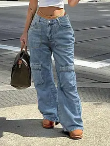 [Plus Size] Solid Color Pocket Jeans, Casual Streetwear Fashion Denim Pants for Daily Wear, Women's Bottoms for All Seasons