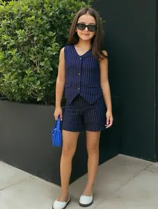 Ready Stock 2Pcs Preppy Style For 7-14Y Kid Girls Elegant Stripes V Neck Buttons Vest Tops and Shorts Set Summer Clothes 42503014