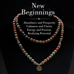 Vintage Bohemian 108 Mala Beads Healing Crystal Stone Handmade Stacked Elastic Bracelet - Picasso Stone Natural Mindfulness Long Beaded Wrap  Gemstone Mala Prayer Beads Lotus Buddha Charm Yoga Japamala Jewelry Necklace  Elegant  Lotus Pendant,  Ramadan