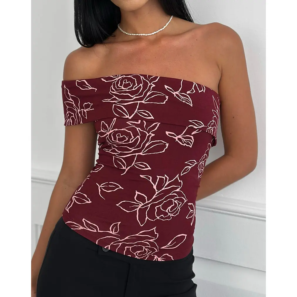 MOTEL   Marga One Shoulder Top in Outline Rose Maroon