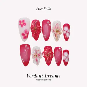 ErsaNails VERDANT DREAMS - Medium Almond 10 PCS Handmade Press On Nails | 3D Flower & Swirl