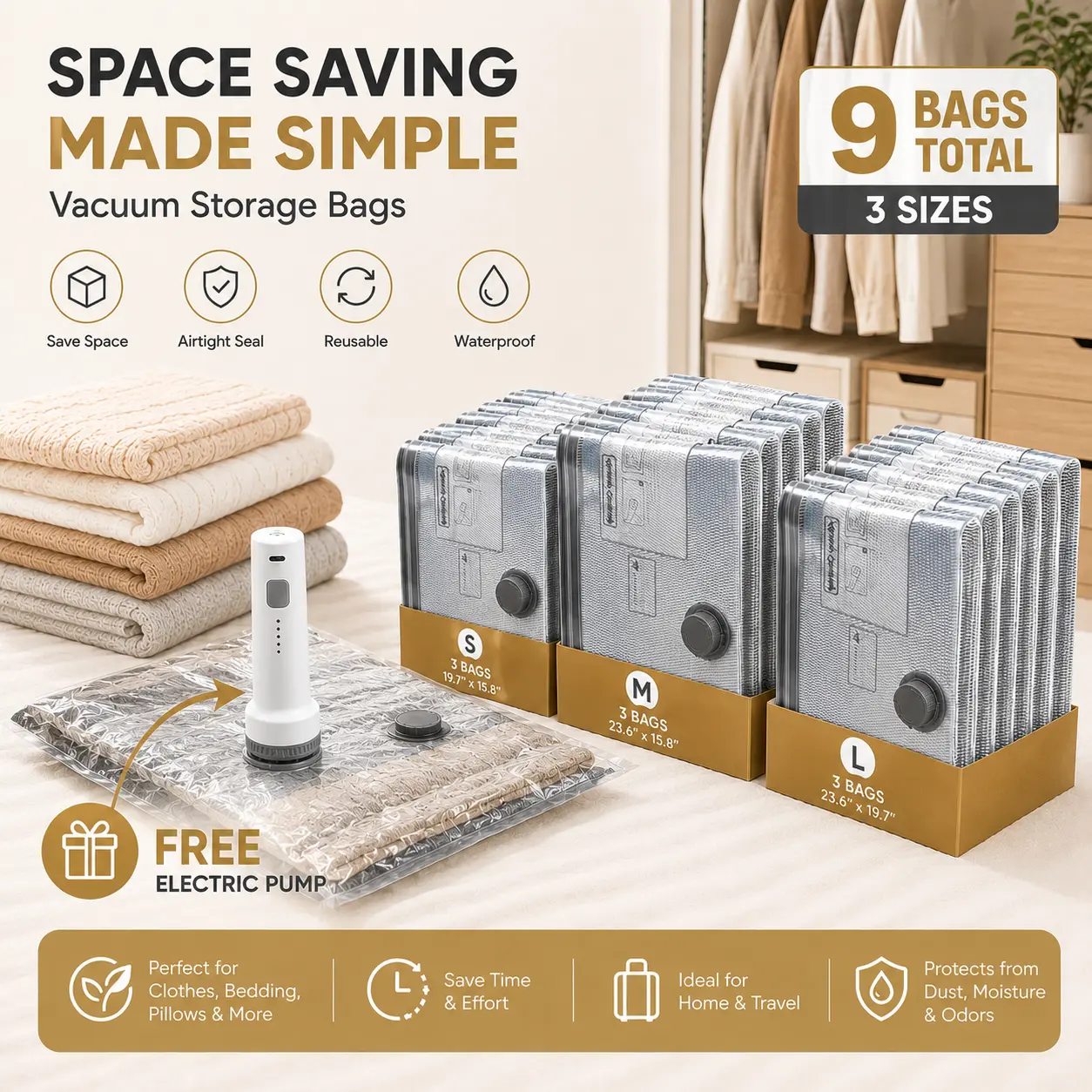 9-Pack Vacuum Seal Bags with USB Rechargeable Handheld Pump with Built-In Battery Wireless Pump | 3 Sizes Travel Vacuum Storage Bags for Clothing, Bedding & Seasonal Storage | Space Saver for Luggage Perfect for Carry-On Suitcases