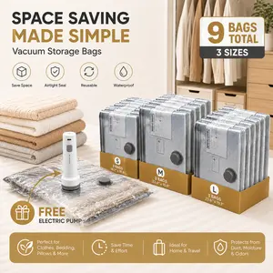 9-Pack Vacuum Seal Bags with USB Rechargeable Handheld Pump with Built-In Battery Wireless Pump | 3 Sizes Travel Vacuum Storage Bags for Clothing, Bedding & Seasonal Storage | Space Saver for Luggage Perfect for Carry-On Suitcases
