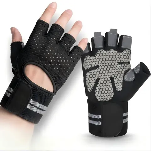 Gym Gloves, Wrist Wrap Support with Adjustable Wrist Strap, Padded Palm Half-Finger Breathable Lightweight Grip Anti-Skid Sports Gloves, Hand Protectors for Gym Training, Adjustable Handles Strap, Gym Stuff
