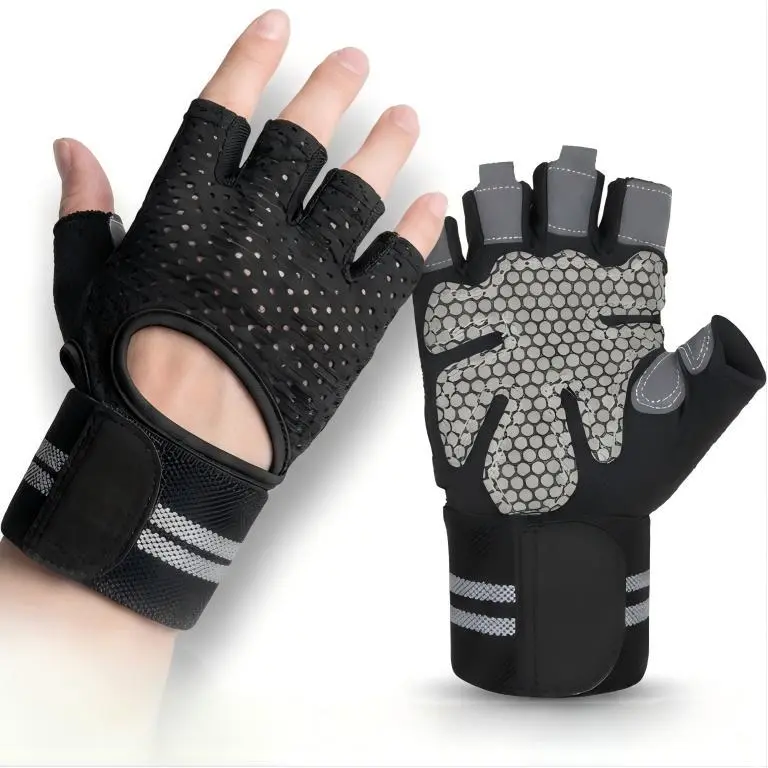 Gym Gloves, Wrist Wrap Support with Adjustable Wrist Strap, Padded Palm Half-Finger Breathable Lightweight Grip Anti-Skid Sports Gloves, Hand Protectors for Gym Training, Adjustable Handles Strap, Gym Stuff