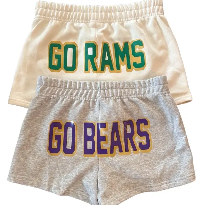 Custom college team sweat shorts text on butt, comfy women’s lounge wear, student gift gameday outfit