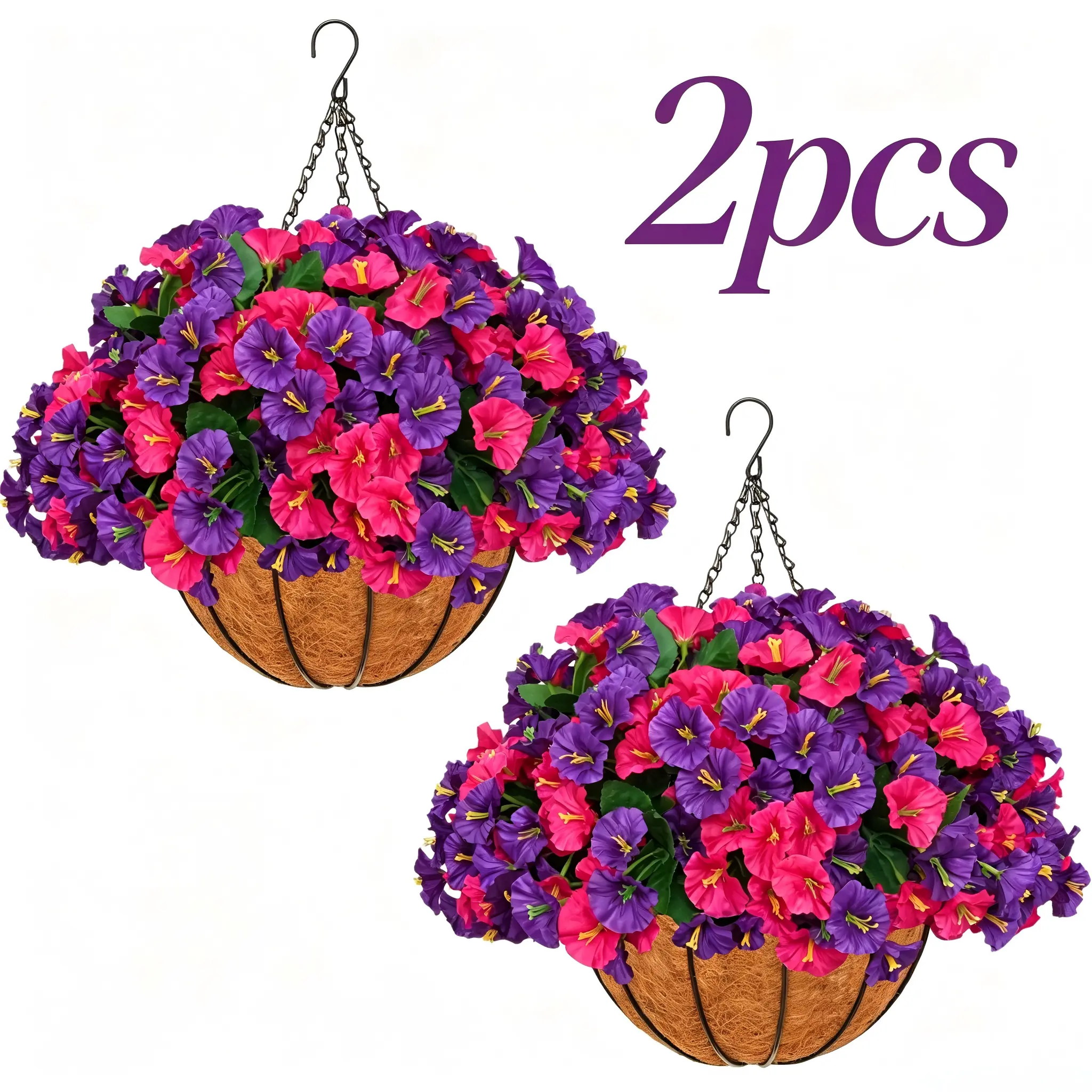 2Pcs Purple & Magenta Morning Glory Hanging Flowers, UV-Resistant Outdoor Indoor Artificial Flowers for Outside, Lifelike Fake Floral Basket for All-Year Round Home Decoration