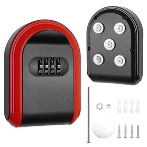 Magnetic Key Holder with Lock  Box Under Car Secure 4-Digit Combination Resettable Code For for Indoor Outdoor Store Door (Red+Black)