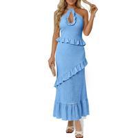 Women's Sexy Halter Maxi Dress Cutout Sleeveless Ruffle Tassel Backless Party Club Summer Dresses