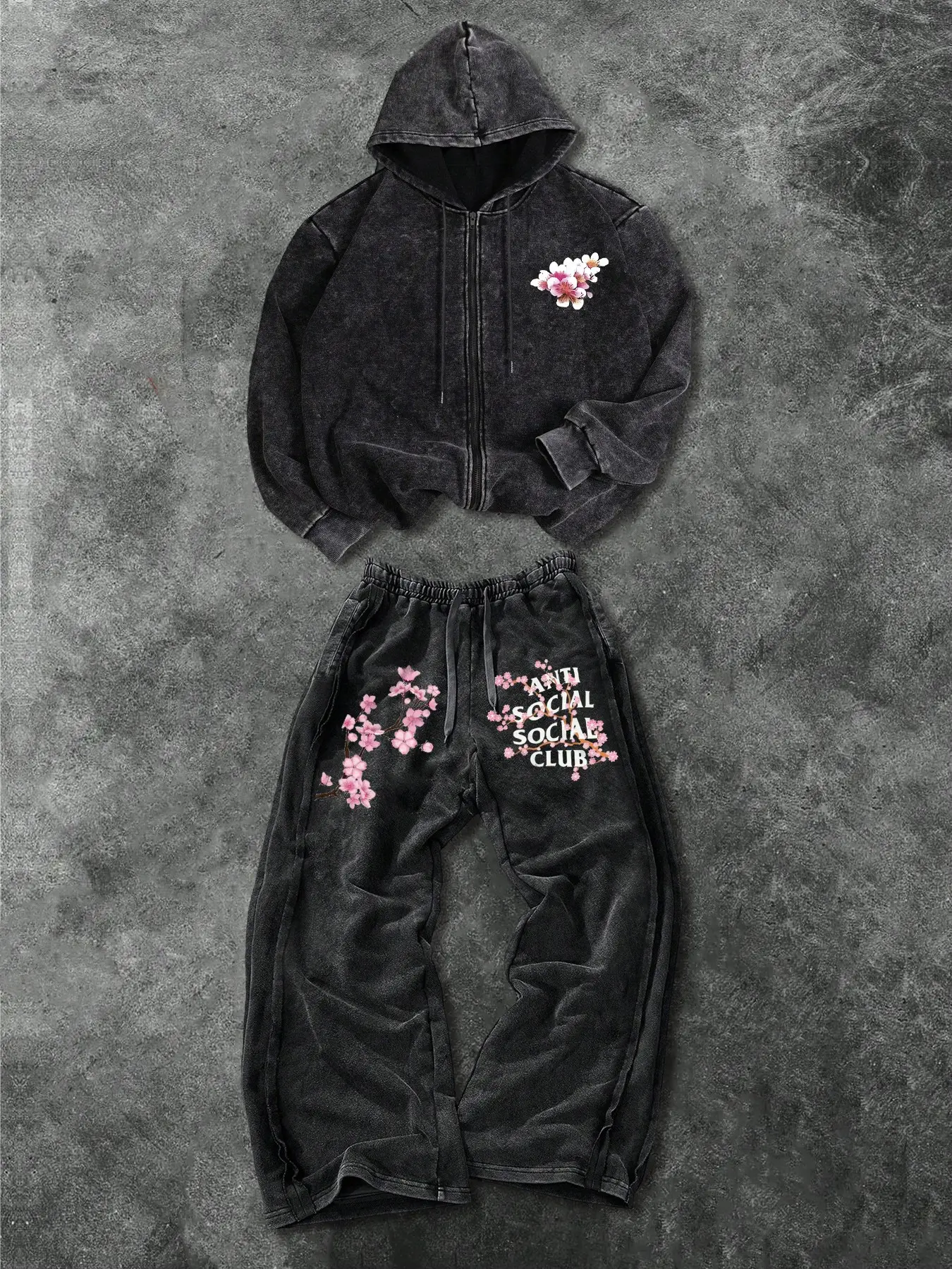 Men's Fashion Casual Two-Piece Set Streetwear Tracksuit with Cherry Blossom Print, Loose-Fitting Hoodie and Drawstring Pants for Sports, Spring and Fall, Casual Sportswear, Loose casual sporty, Casual Tracksuits