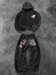 Men's Fashion Casual Two-Piece Set Streetwear Tracksuit with Cherry Blossom Print, Loose-Fitting Hoodie and Drawstring Pants for Sports, Spring and Fall