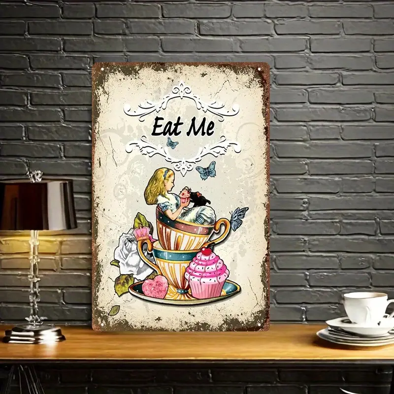 Metal Tin Signs  Art Deco Style "Eat Me" Tea Party Aluminum Wall Sign - Vintage Vertical Oblong Metal Poster with Whimsical Cupcake & Teapot Design, Sleek Home Decor for Upscale Interior Accent, Perfect for Room Decor