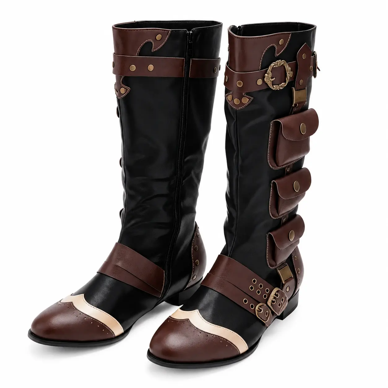 Zotixvox Men's Synthetic Plain Casual Retro Mid-Calf Boots - Closed Round Toe, Decor Accents, Renaissance, Cuban Costume Footwear (Above the Ankle but Below the Knee, Black), Pu Leather
