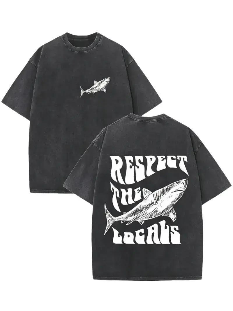 Vintage Washed Shark Graphic T Shirt Men Oversized Streetwear Tee Respect The Ocean Back Print Shirt Y2K Fashion Acid Wash Black Cotton Tee Retro Animal Graphic Top Casual Summer Outfit Trendy Unisex Apparel