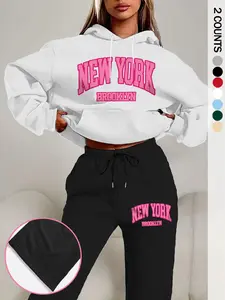 Women's Casual Loose Two-Piece Set with Hooded Sweatshirt and Printed Pants, Ideal Fall and Winter, Trendy Letter Print Style, Knit