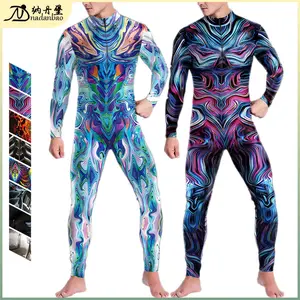 Men's digital print leggings bodysuit spring autumn European and American internet celebrity open collar zipper long sleeve bodysuit