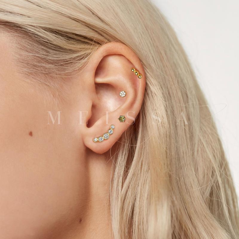 Radiant Cascade Screw Back Earrings, S925 Silver & Gold Dainty Bling Tiny Five CZ 20g Tragus Studs Conch Cartilage Helix 20 Gauge Ball Back Earrings Second Multi Piercings Stackable Hypoallergenic Comfort Sleep On Jewelry Gift Her Women Christmas Birthday