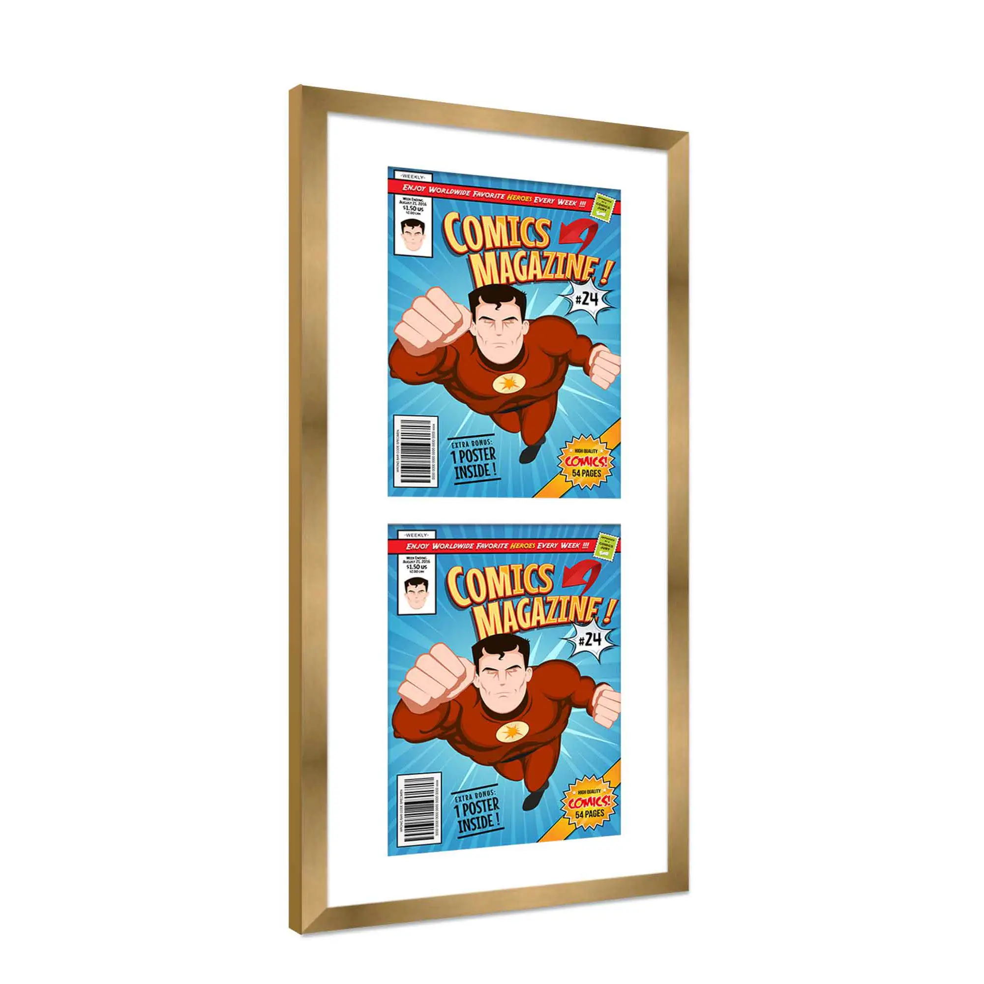 Comic Book Frame with Mat for 2 Current Era Comics Published After 1985 - Bronze Wood Comic Frame With White Mat for 6.875x10.5 Comics - 11.25x24 Frame Size