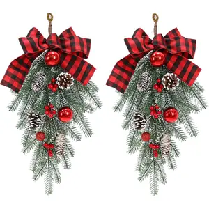 Christmas Swags Garland Winter Teardrop Ornament with Pine Cone Red Bow Hanging Wreath Decor for Front Door Indoor Outdoor Wall Decoration