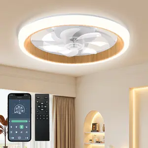 DEMILARE 18.9" Wood Grain Ceiling Fan with Light, Modern Flush Mount Smart Fan, 17.7" Low Profile Ceiling Fans with Remote, LED Dimmable, 6 Speed Reversible Motor, Quiet Fan for Bedroom, Kitchen, Farmhouse & Classic Room Decor, Energy Saving Sleep