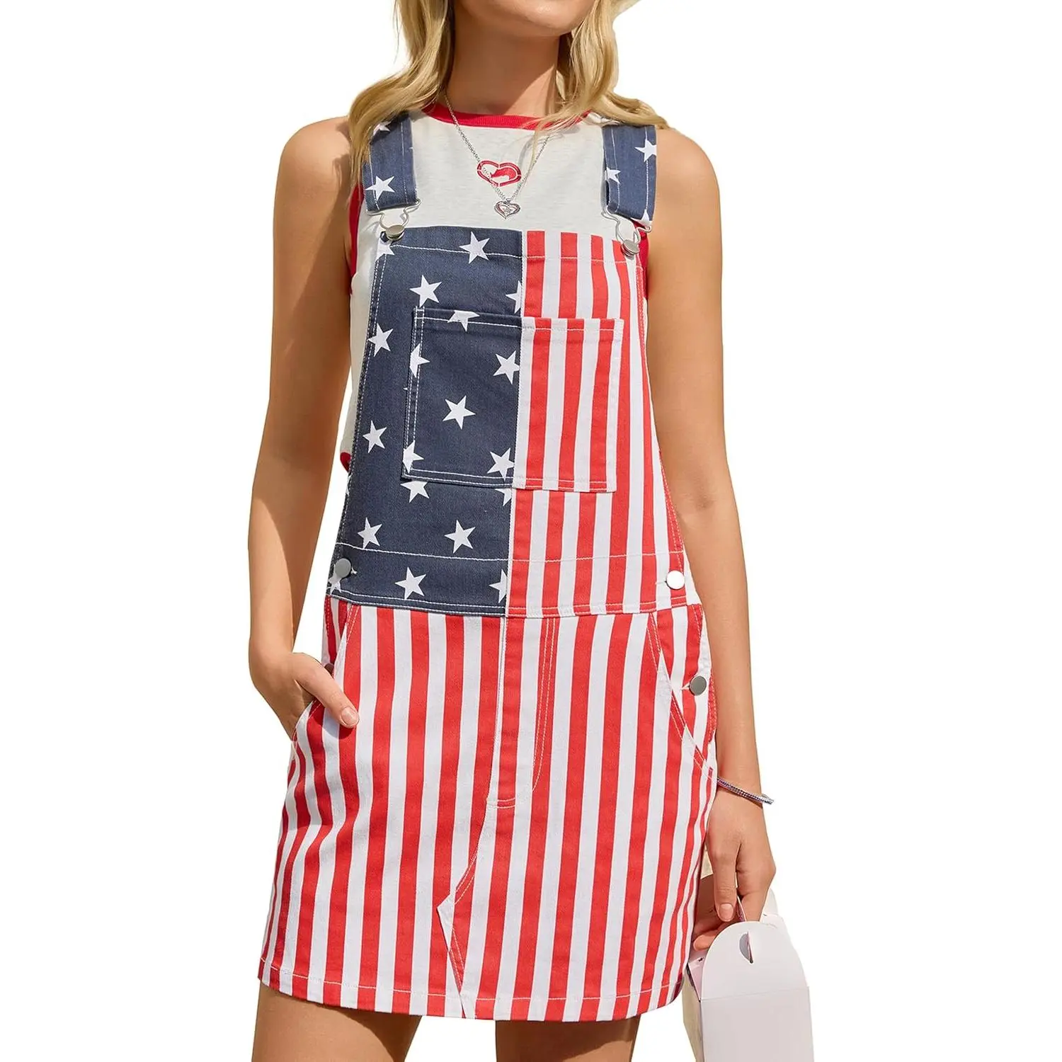 Yuanbang Women's 4th of July Printed Dress - American Flag Style, Summer Romper with Shorts, Pockets, Straps, Button Closure, Breathable Fabric for 250th Birthday Independence Day BBQ Outfits