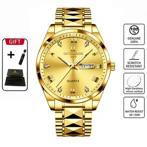Men's Luxury Gold Tone Quartz Watch - Stainless Steel Wristwatch with Day & Date Calendar, Crystal Diamond Accents, Roman Numerals, Elegant Business Dress Watch, Perfect Gift for Husband Dad