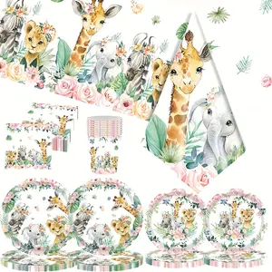 145 Pcs Watercolor Safari Baby Animal Party Supplies Set, Disposable Woodland Floral Tableware with Plates, Cups, Napkins, Cutlery & Tablecloth, Jungle Themed Decor for Baby Shower, Kids Birthday, Gender Reveal